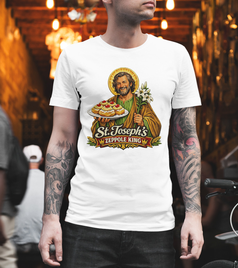 St Joseph's Zeppole King Saint Holding Tray With Flowers T-Shirt