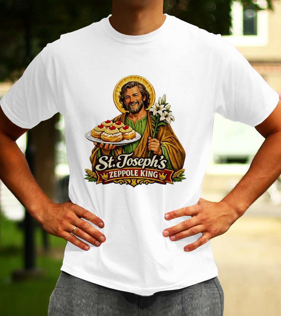 St Joseph's Zeppole King Saint Holding Tray With Flowers T-Shirt