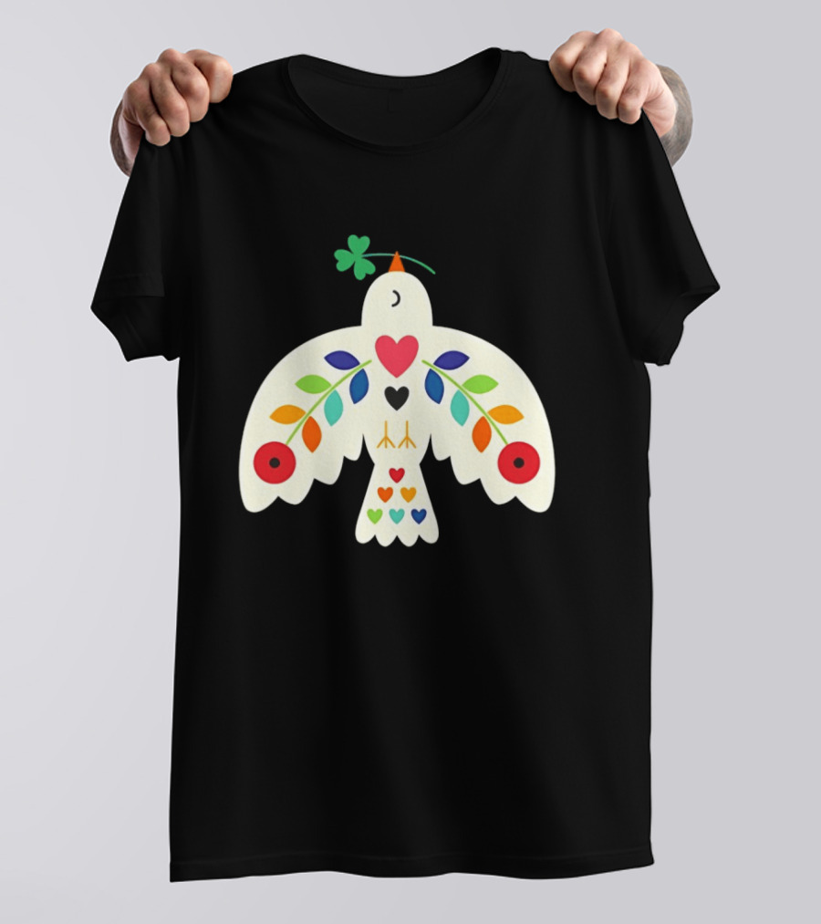Luck Peace Love Dove With Shamrock And Colorful Hearts T-Shirt