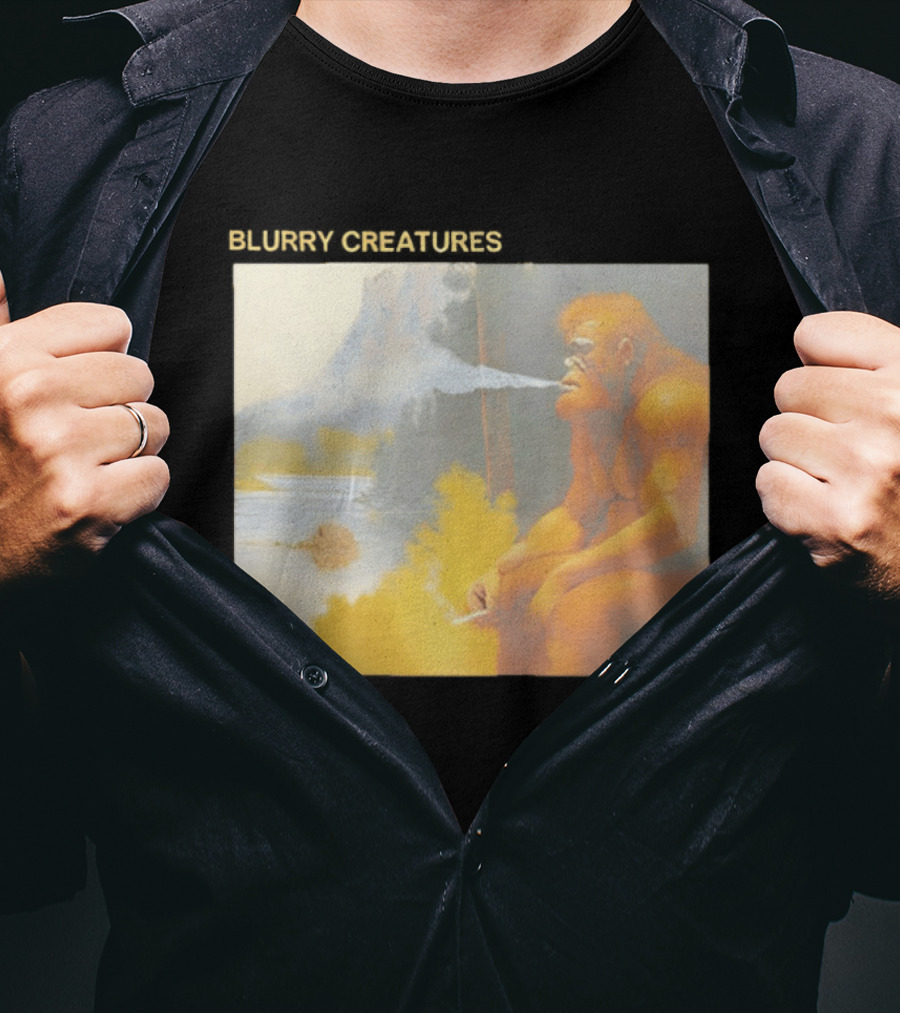 Bigfoot Blurry Creatures Smoking By Lake Mountain Scene T-Shirt