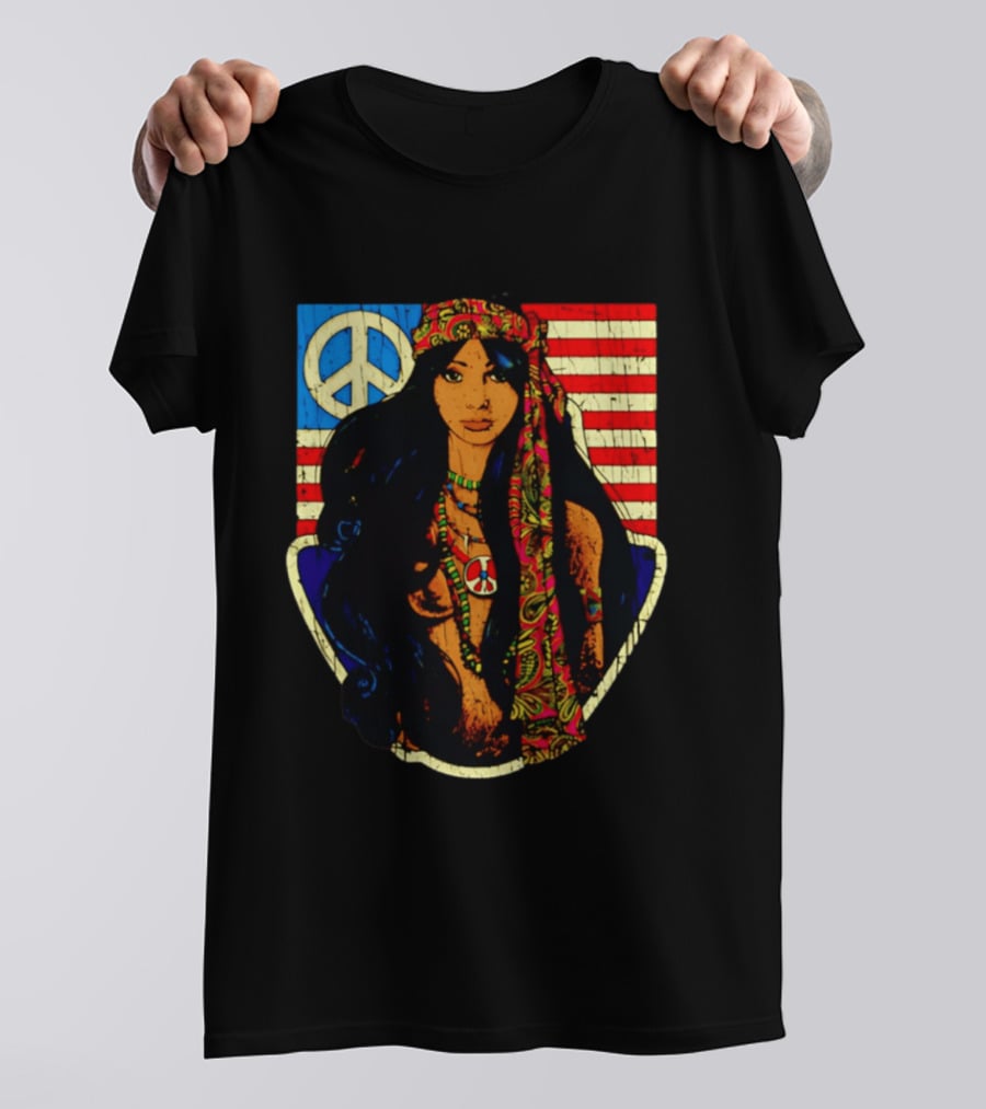 Peace Is Natural 1969 Bohemian Hippie Woman American Flag T-Shirt