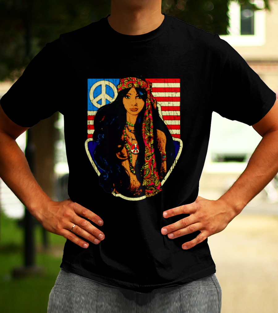 Peace Is Natural 1969 Bohemian Hippie Woman American Flag T-Shirt