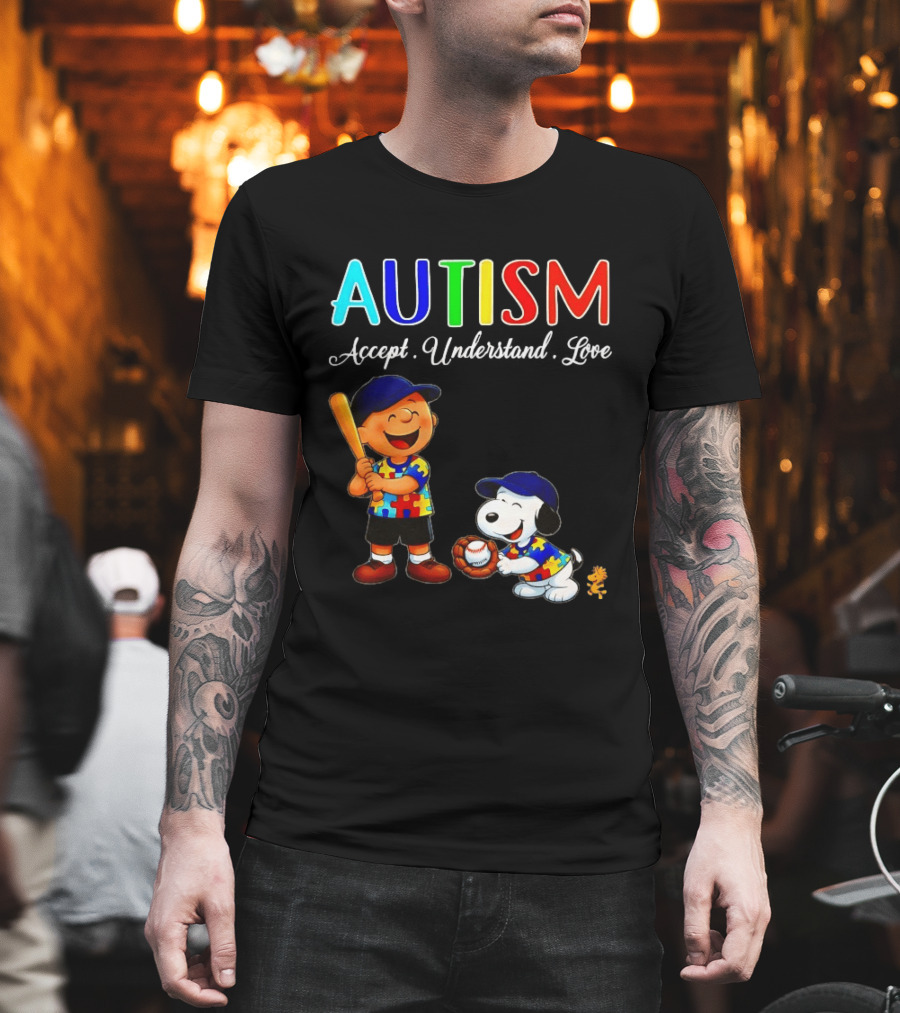 Charlie Brown Snoopy Peanuts Autism Accept Understand Love Baseball Puzzle T-Shirt