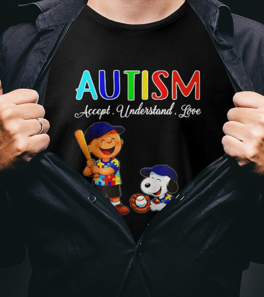 Charlie Brown Snoopy Peanuts Autism Accept Understand Love Baseball Puzzle T-Shirt