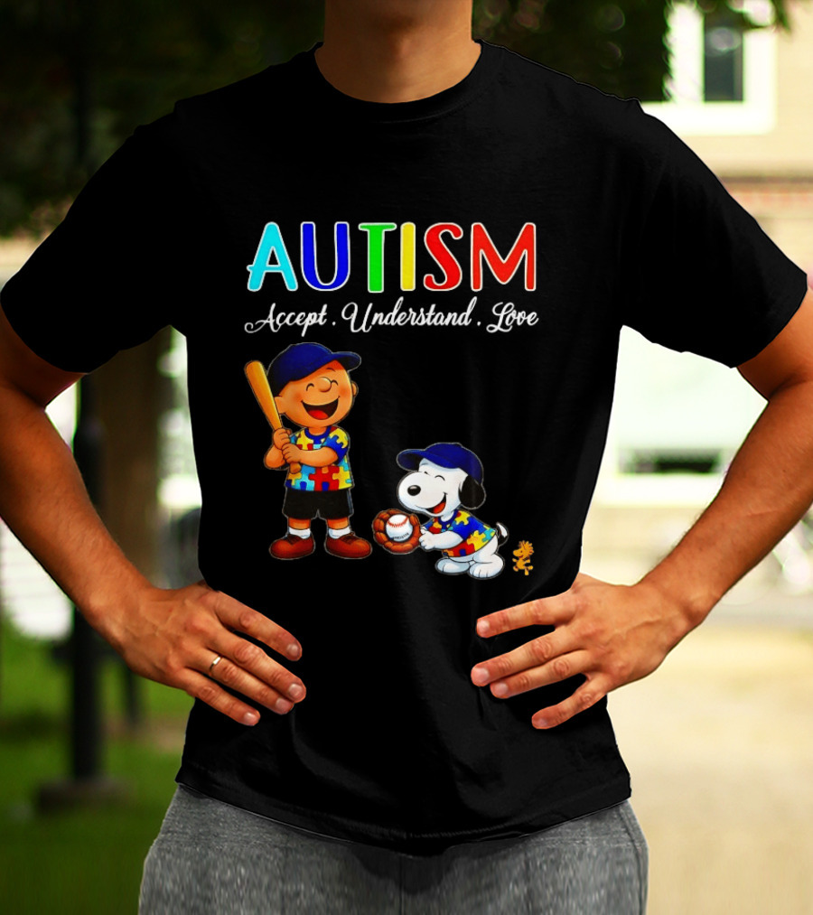 Charlie Brown Snoopy Peanuts Autism Accept Understand Love Baseball Puzzle T-Shirt