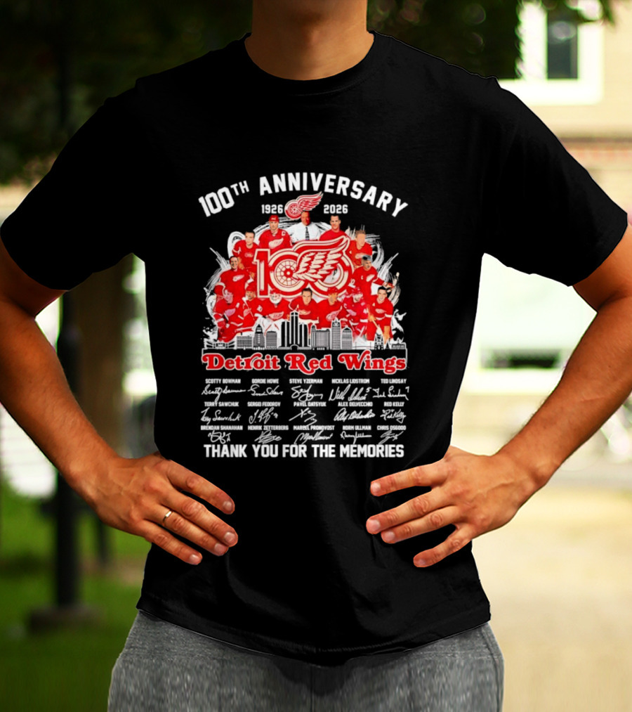 Detroit Red Wings 100th Anniversary 1926 2026 Thank You For The Memories Player Skyline T-Shirt