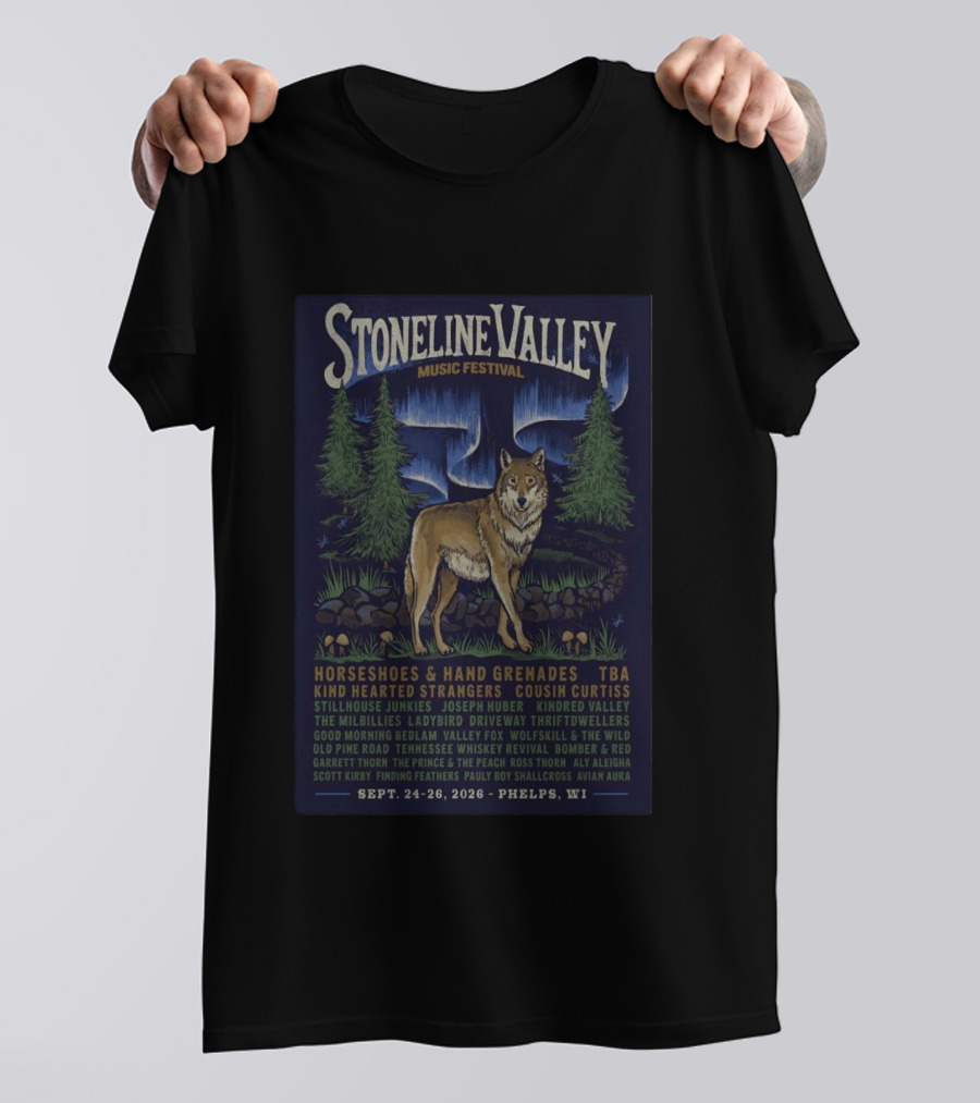 Stoneline Valley Music Festival Sept 24 26 2026 Phelps WI Horseshoes Hand Grenades Kind Hearted Strangers Cousin Curtiss T-Shirt