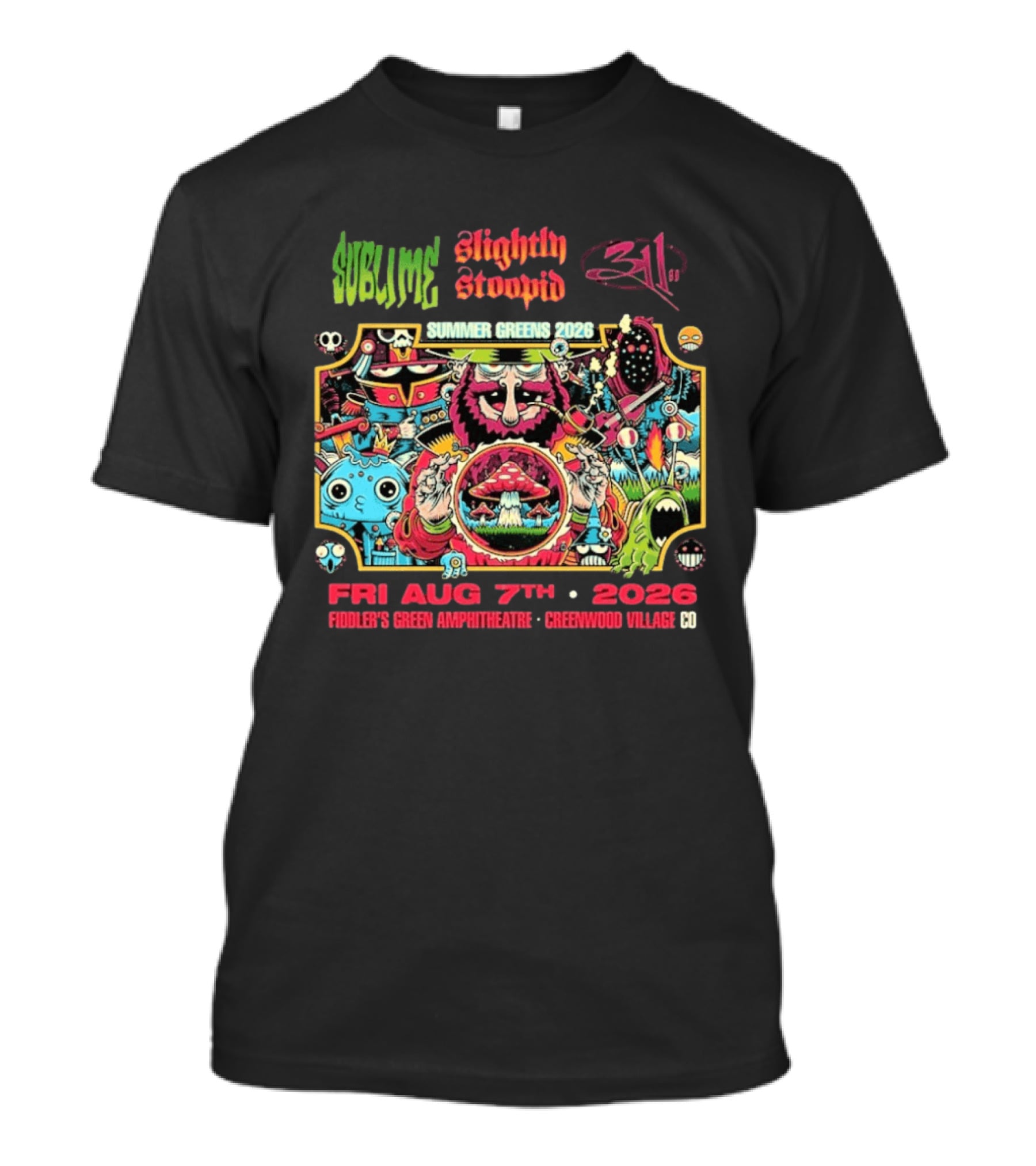 Sublime Slightly Stoopid 311 Summer Greens Fiddler's Green Amphitheatre 2026 Greenwood Village CO August 7th T-Shirt