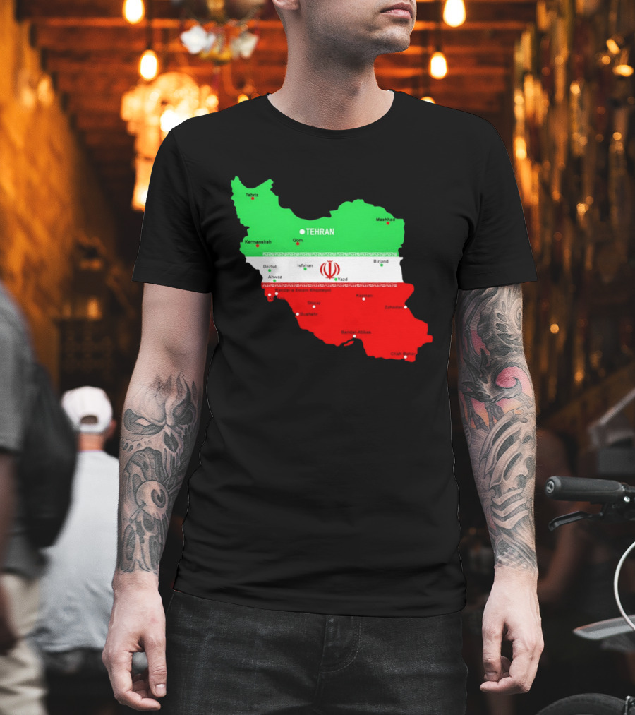 Iran Map With Flag Tehran Tabriz Mashhad Esfahan Shiraz Yazd Cities T-Shirt