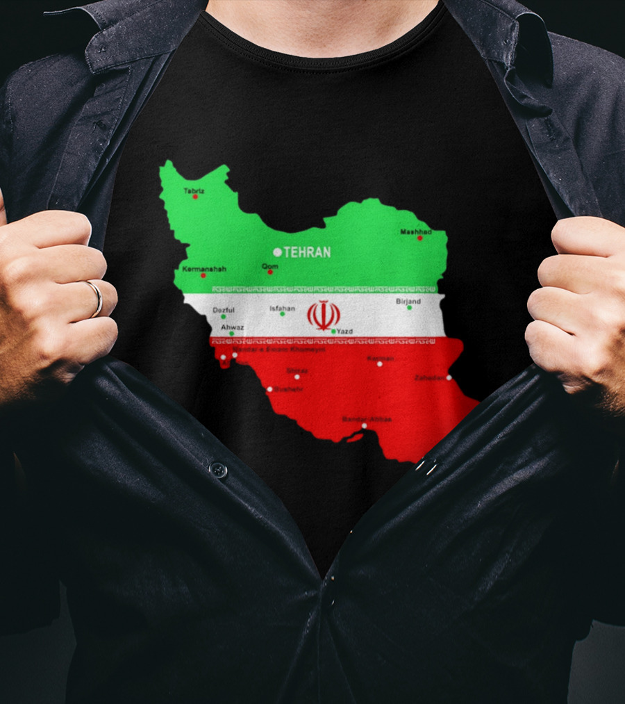 Iran Map With Flag Tehran Tabriz Mashhad Esfahan Shiraz Yazd Cities T-Shirt