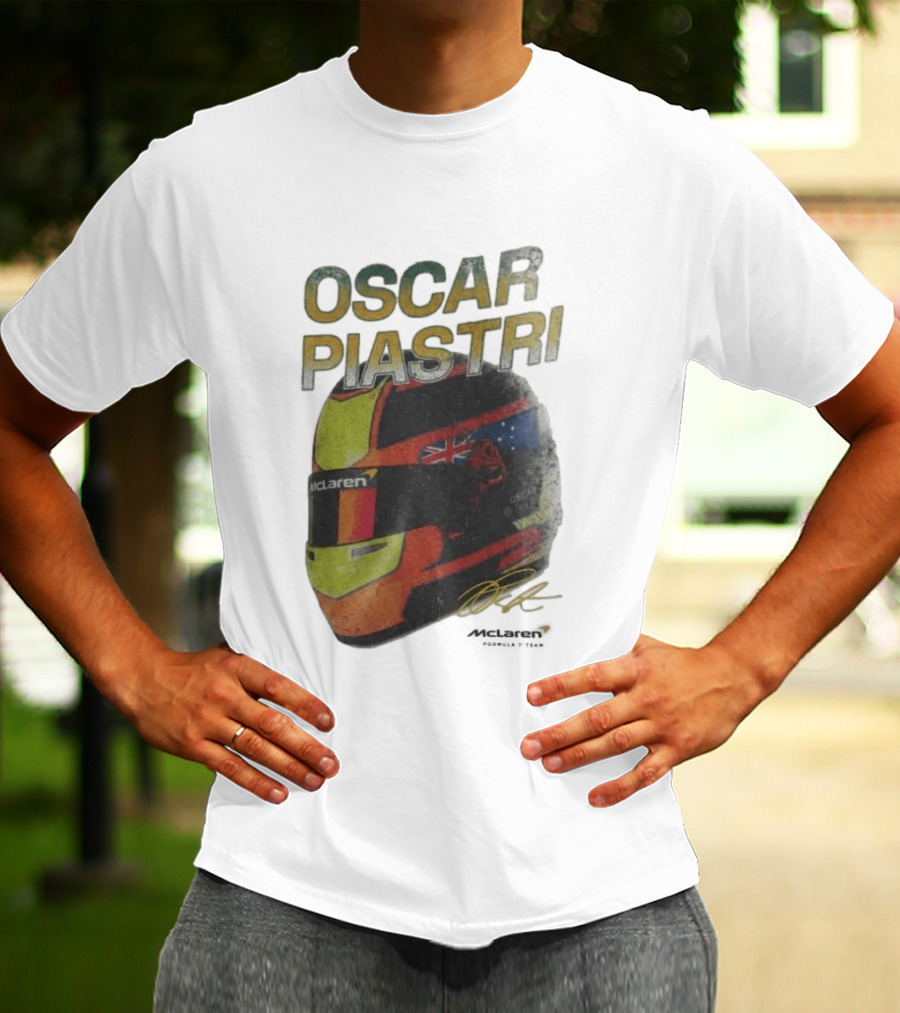 Oscar Piastri McLaren Racing Helmet Flag Signature T-Shirt