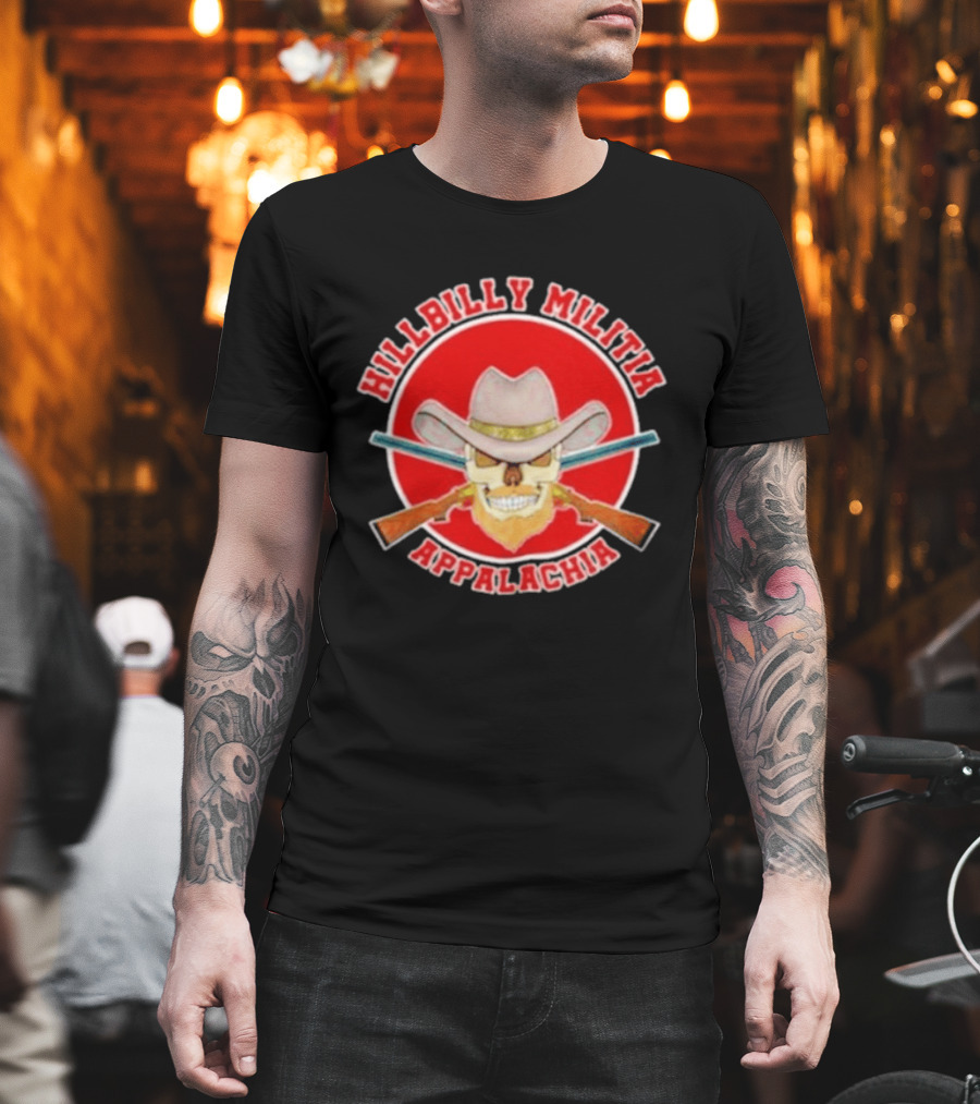 Hillbilly Militia Appalachia Skull Cowboy Hat Rifles Red Circle T-Shirt