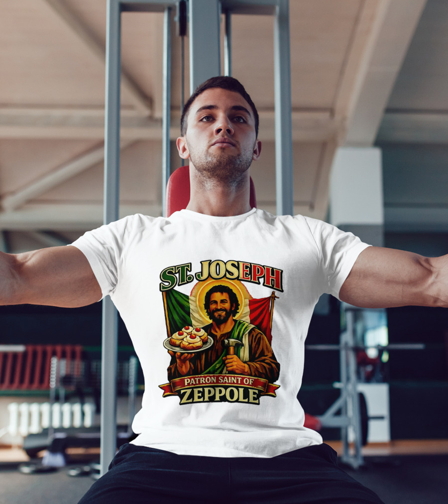 St. Joseph Patron Saint Of Zeppole With Italian Flag Icon And Halo Providing Hammer And Pastries T-Shirt