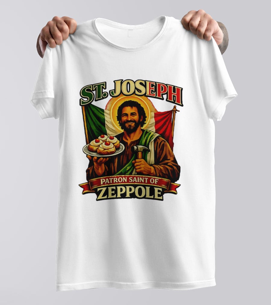 St. Joseph Patron Saint Of Zeppole With Italian Flag Icon And Halo Providing Hammer And Pastries T-Shirt