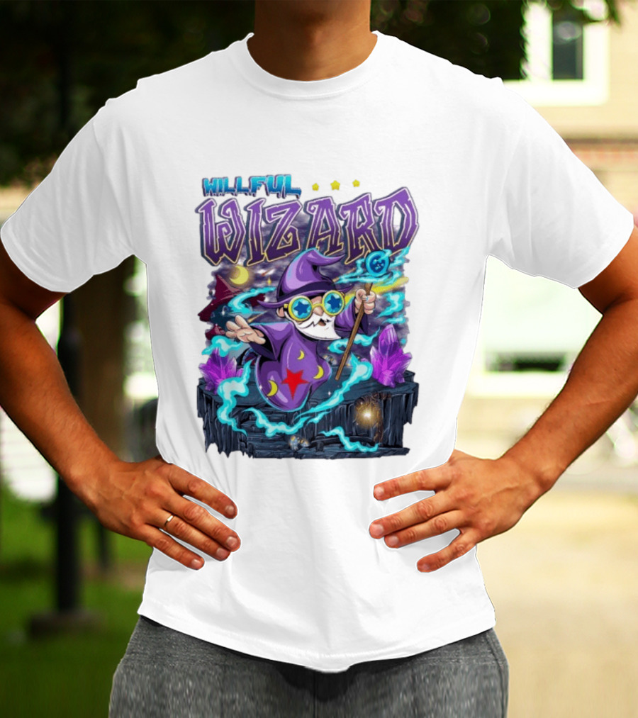 Willful Wizard Magical Adventure With Cosmic Crystals And Crescent Moons T-Shirt