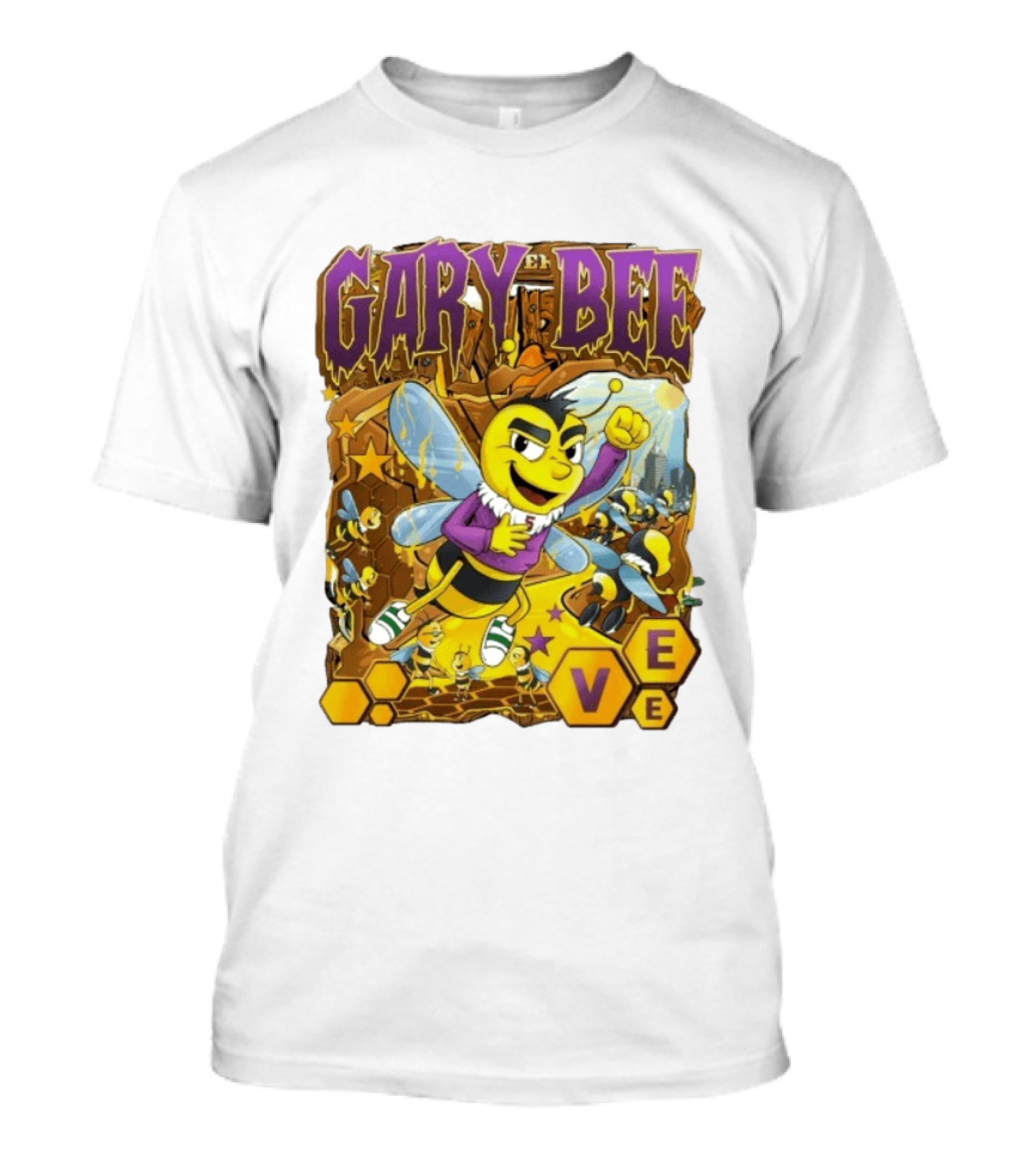 Gary Bee Cartoon Bee Character In Purple Jersey With Stars And Soccer T-Shirt