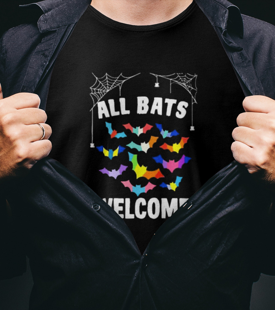 All Bats Welcome Colorful Bats And Spiderwebs T-Shirt