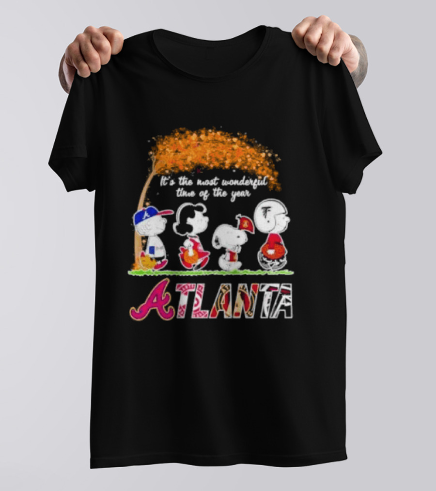 Atlanta Peanuts Characters Autumn Baseball It's The Most Wonderful Time Of The Year T-Shirt