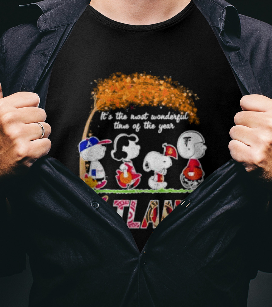 Atlanta Peanuts Characters Autumn Baseball It's The Most Wonderful Time Of The Year T-Shirt