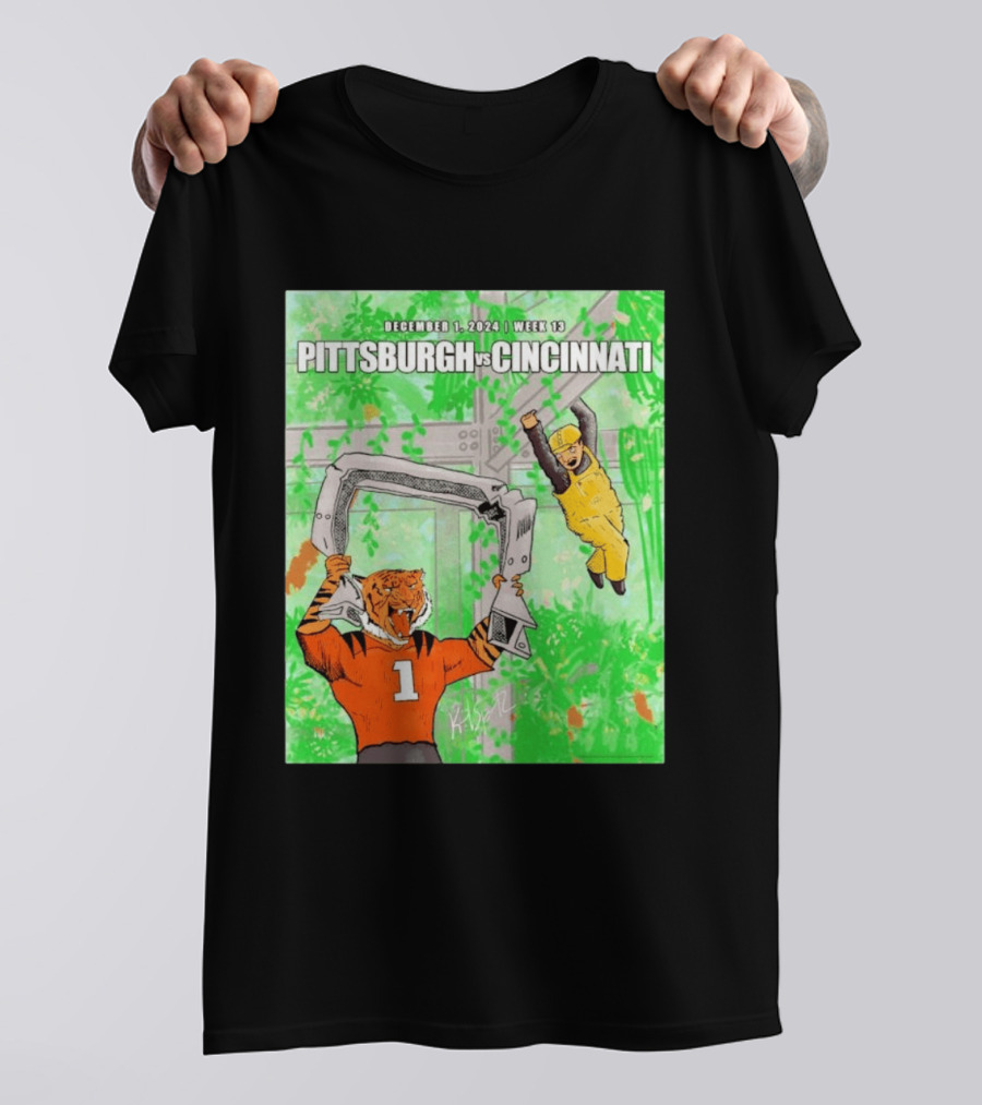 Pittsburgh Steelers Vs Cincinnati Bengals December 1 2024 Week 13 Cartoon Tiger And Construction Worker Jungle Showdown T-Shirt
