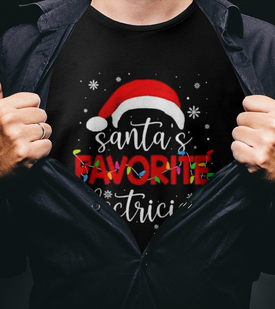 Santa's Favorite Electrician Christmas Santa Hat Lights Snowflakes T-Shirt