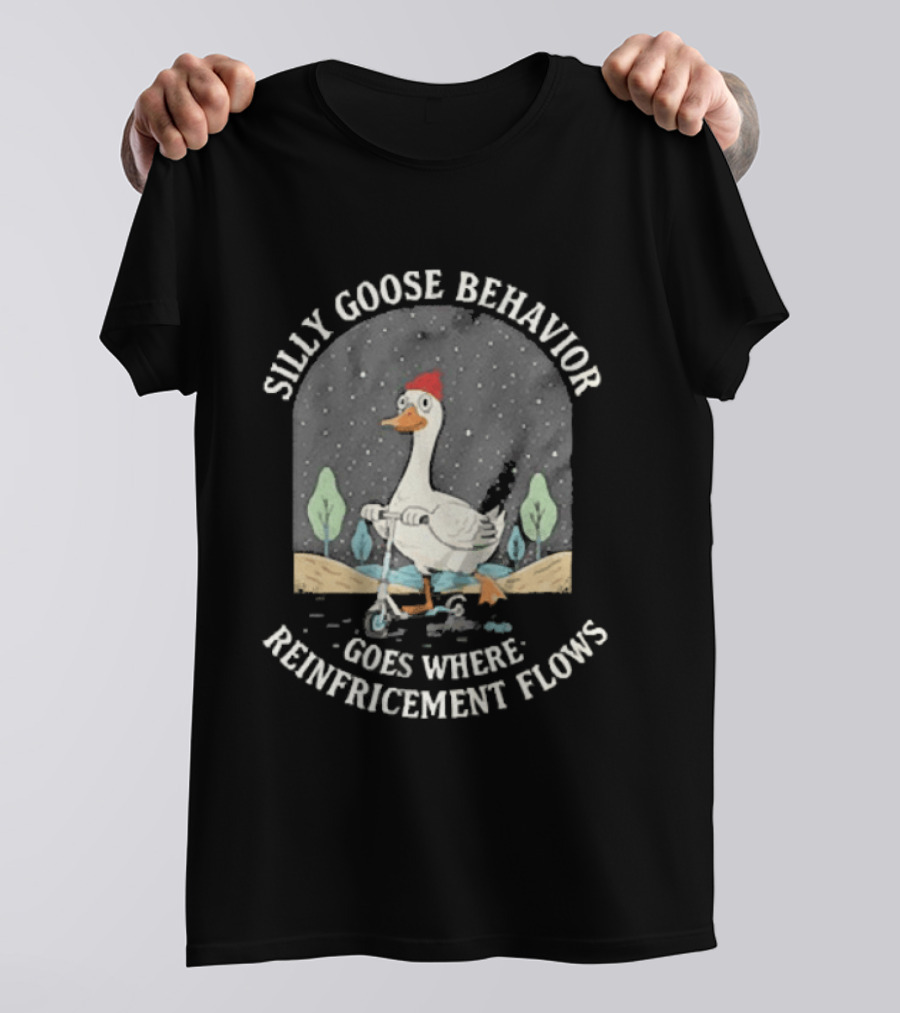 Silly Goose Behavior Goes Where Reinforcement Flows Goose Cartoon In Red Beanie Under Night Sky T-Shirt