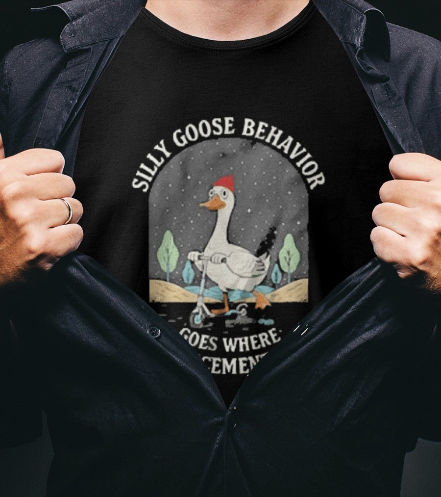 Silly Goose Behavior Goes Where Reinforcement Flows Goose Cartoon In Red Beanie Under Night Sky T-Shirt