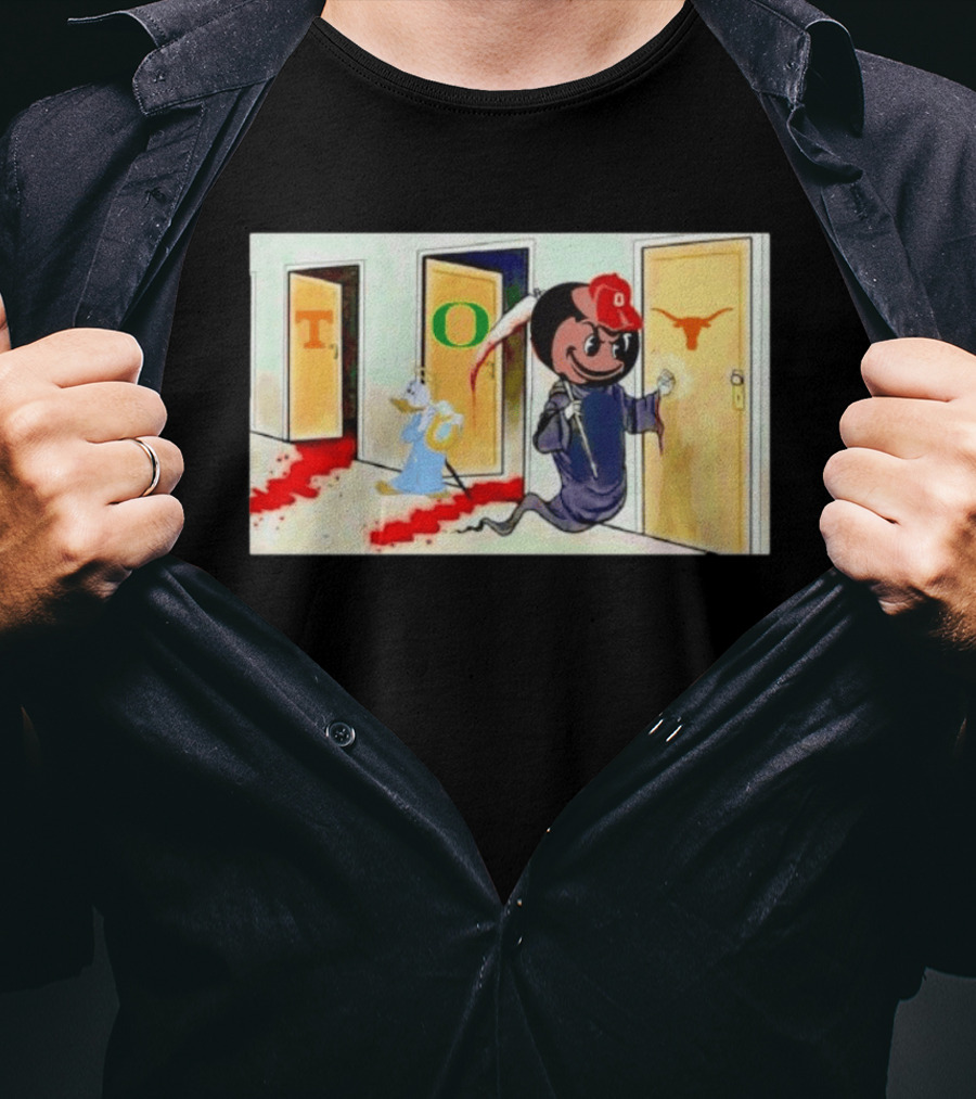 Ohio State Buckeyes Brutus Grim Reaper Knocking Texas Longhorns Door Cartoon T-Shirt