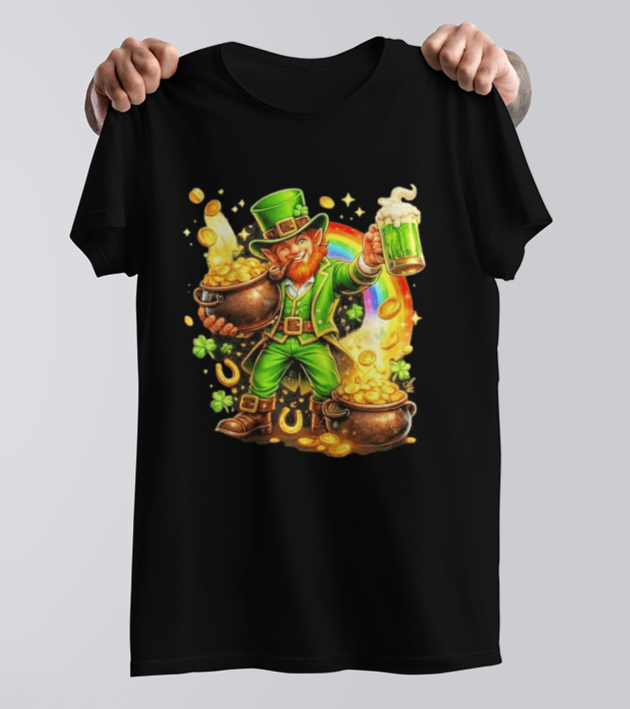 St Patricks Day Irish Leprechaun Cheers With Pot Of Gold And Rainbow Luck T-Shirt