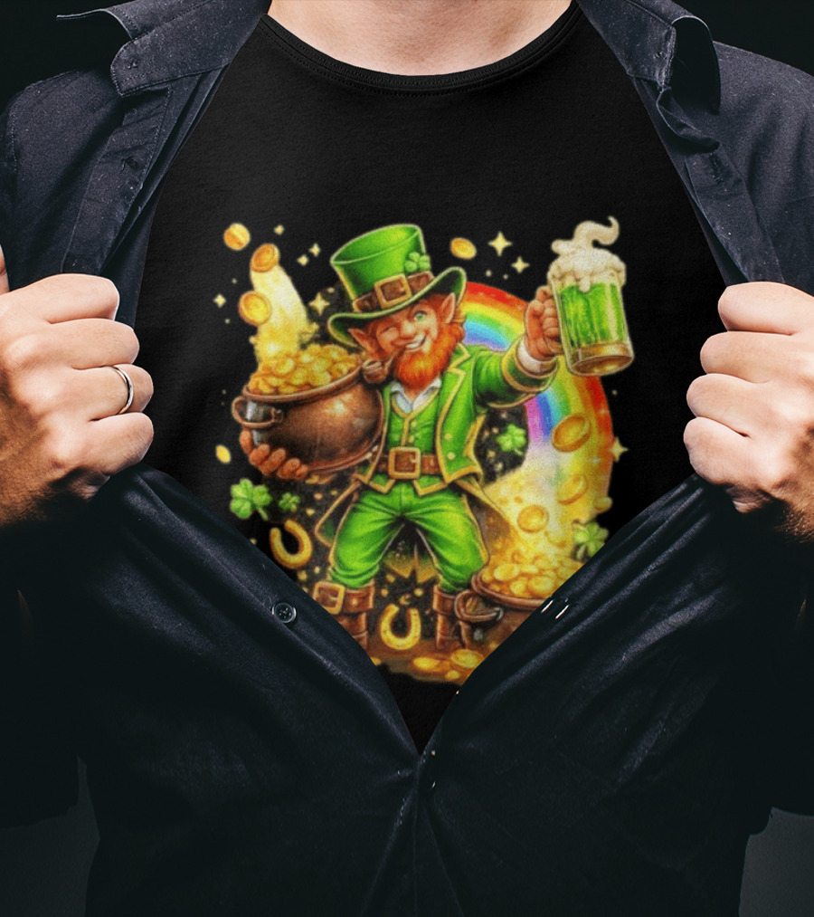 St Patricks Day Irish Leprechaun Cheers With Pot Of Gold And Rainbow Luck T-Shirt