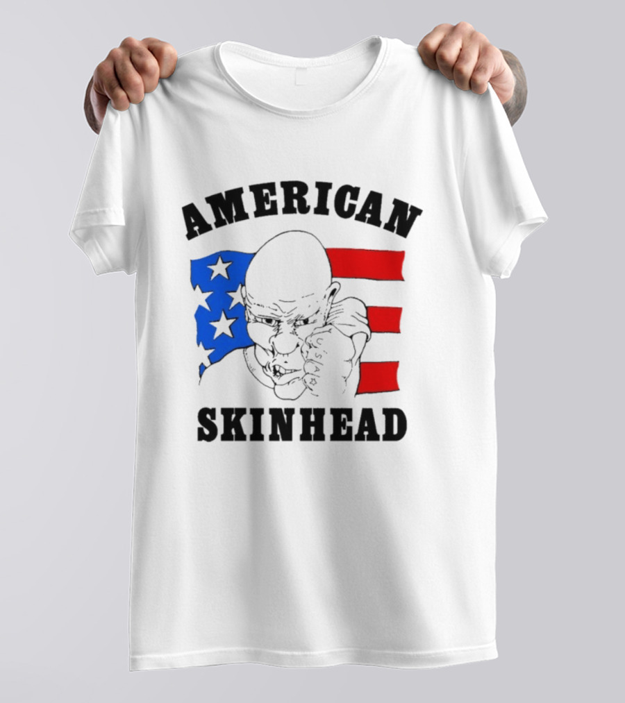 American Skinhead USA Bald Character With Flag Stars And Stripes T-Shirt