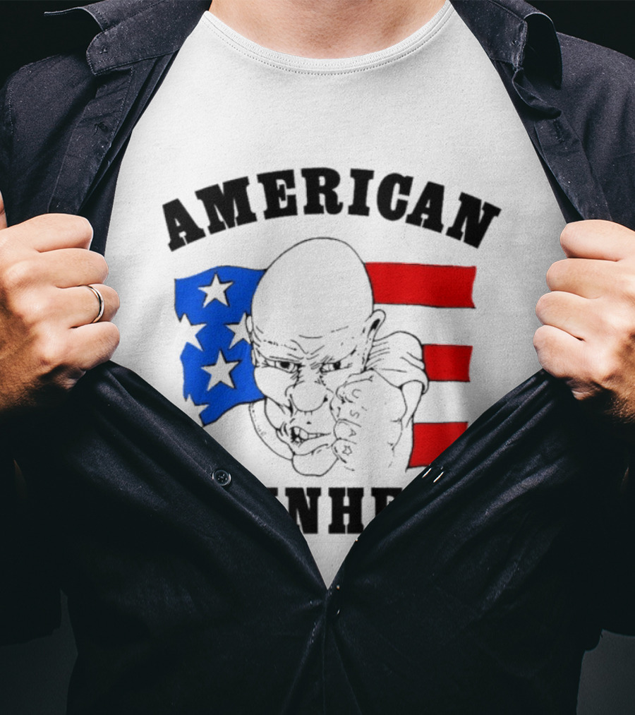 American Skinhead USA Bald Character With Flag Stars And Stripes T-Shirt