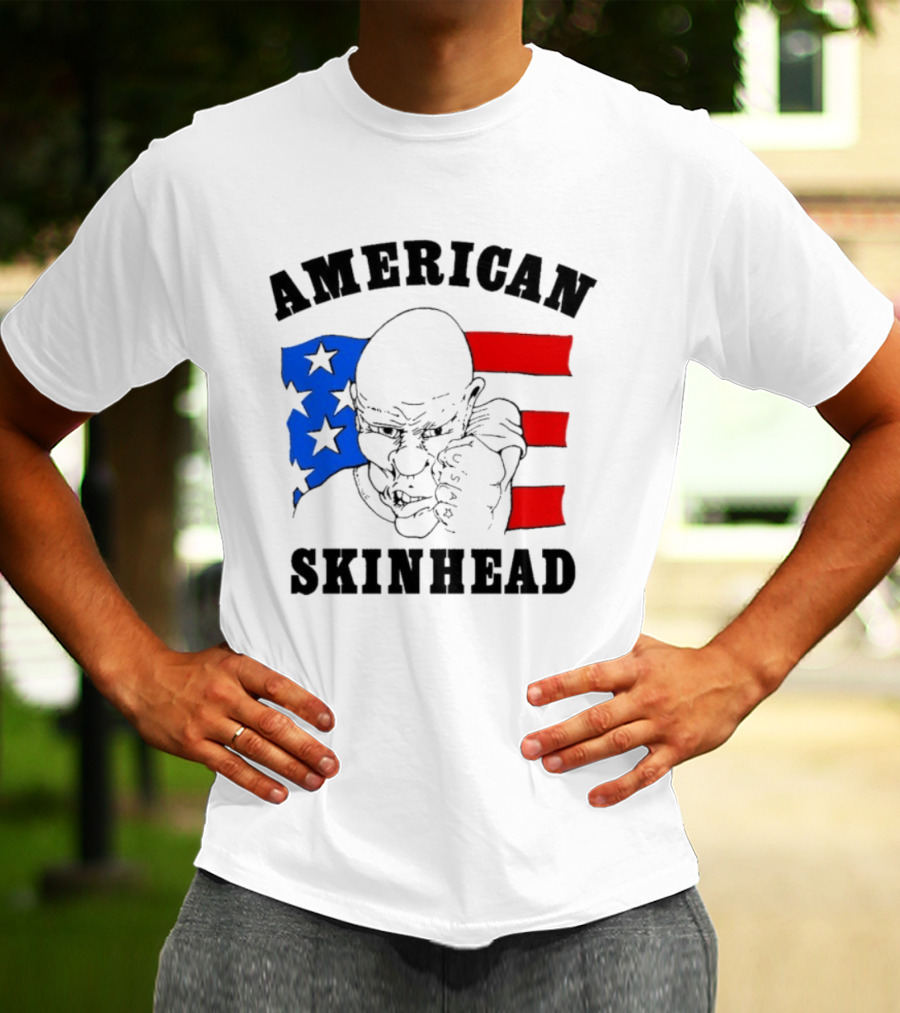 American Skinhead USA Bald Character With Flag Stars And Stripes T-Shirt