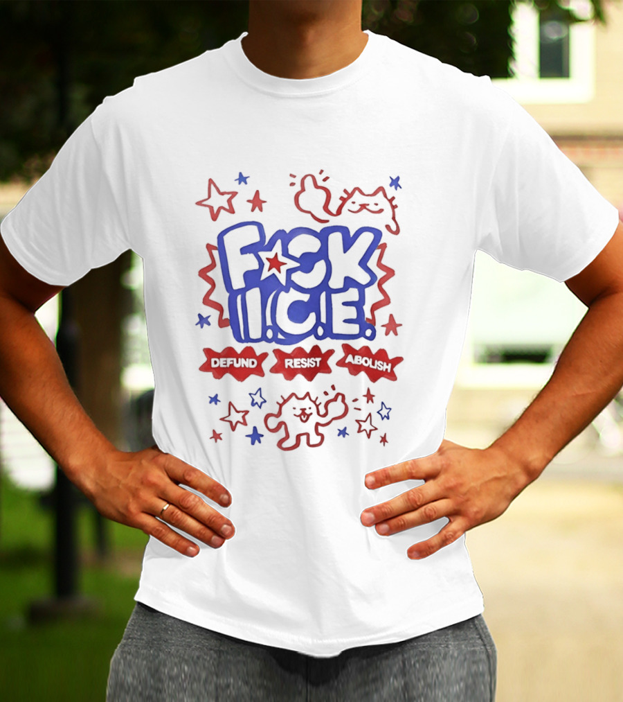 F*ck I.C.E. Defund Deport Abolish Cat Stars 1776 2026 American Flag T-Shirt