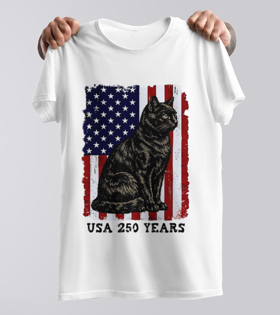 USA 250 Years Liberty Cat American Flag T-Shirt