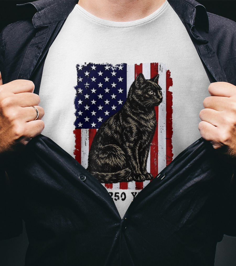 USA 250 Years Liberty Cat American Flag T-Shirt