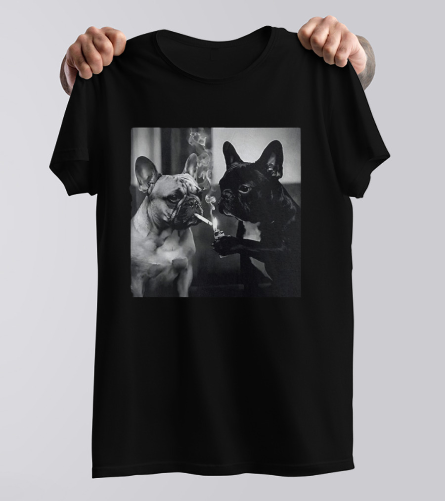 Frenchie Buddies French Bulldog Smoking Cigarette Meme Black And White Humor Duo T-Shirt