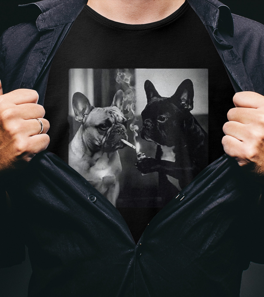 Frenchie Buddies French Bulldog Smoking Cigarette Meme Black And White Humor Duo T-Shirt