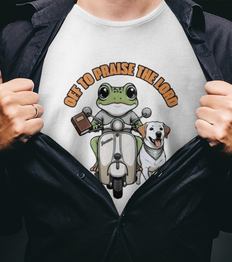 Off To Praise The Lord Frog Riding Scooter Labrador T-Shirt