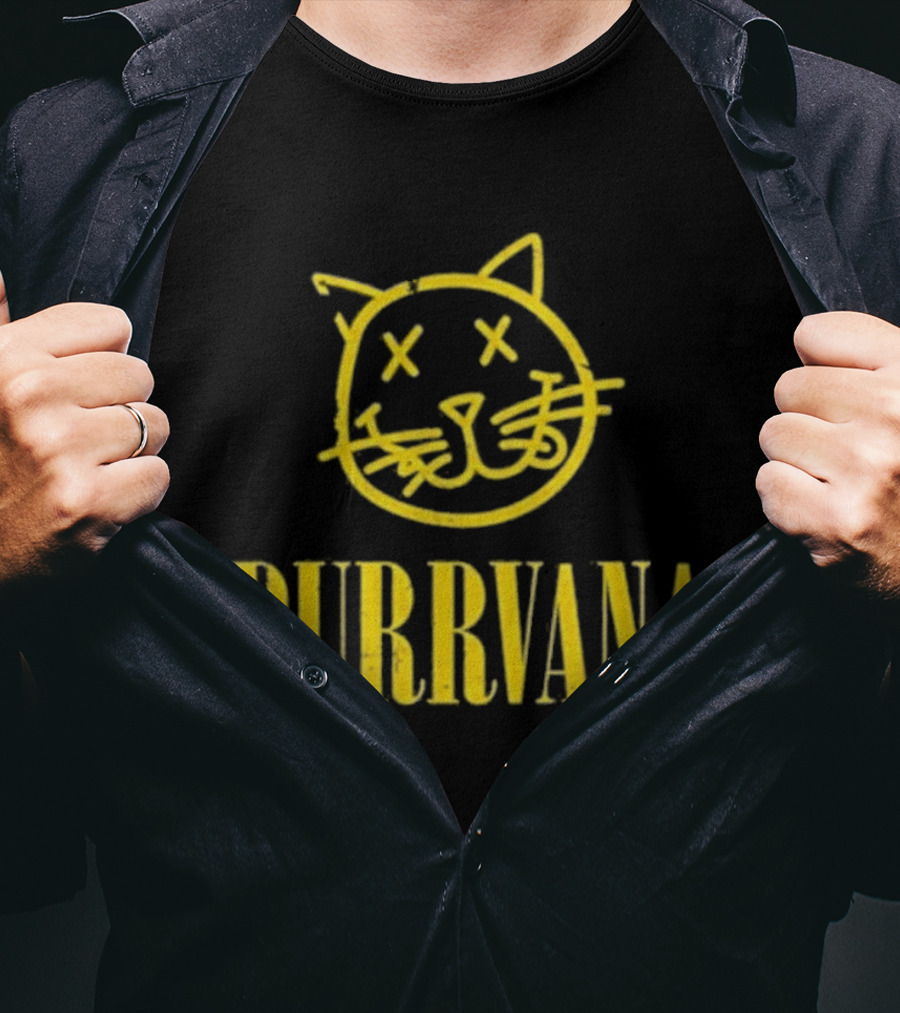 Purrvana Cat Face Yellow Grunge Style Kitty T-Shirt