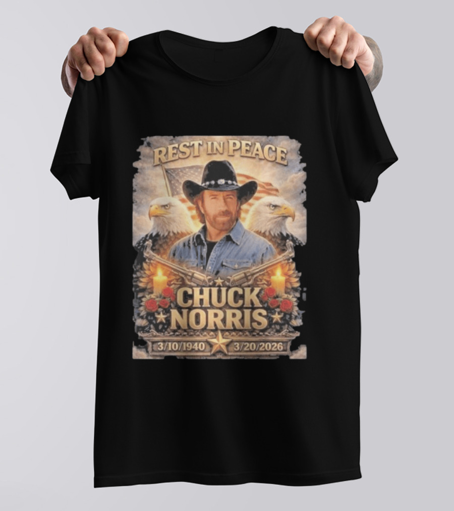 Rest In Peace Chuck Norris With Bald Eagles American Flag And Candles T-Shirt