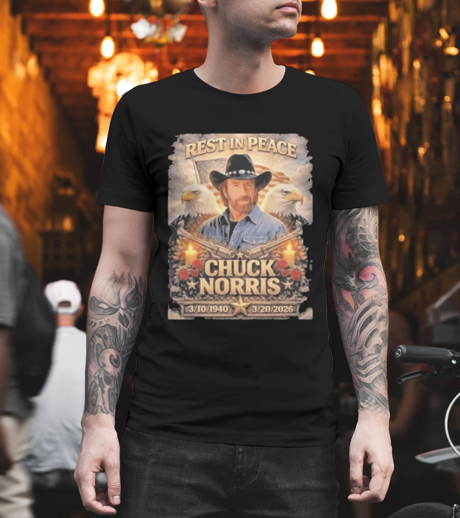 Rest In Peace Chuck Norris With Bald Eagles American Flag And Candles T-Shirt