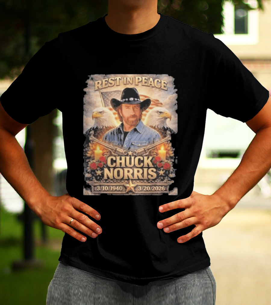 Rest In Peace Chuck Norris With Bald Eagles American Flag And Candles T-Shirt