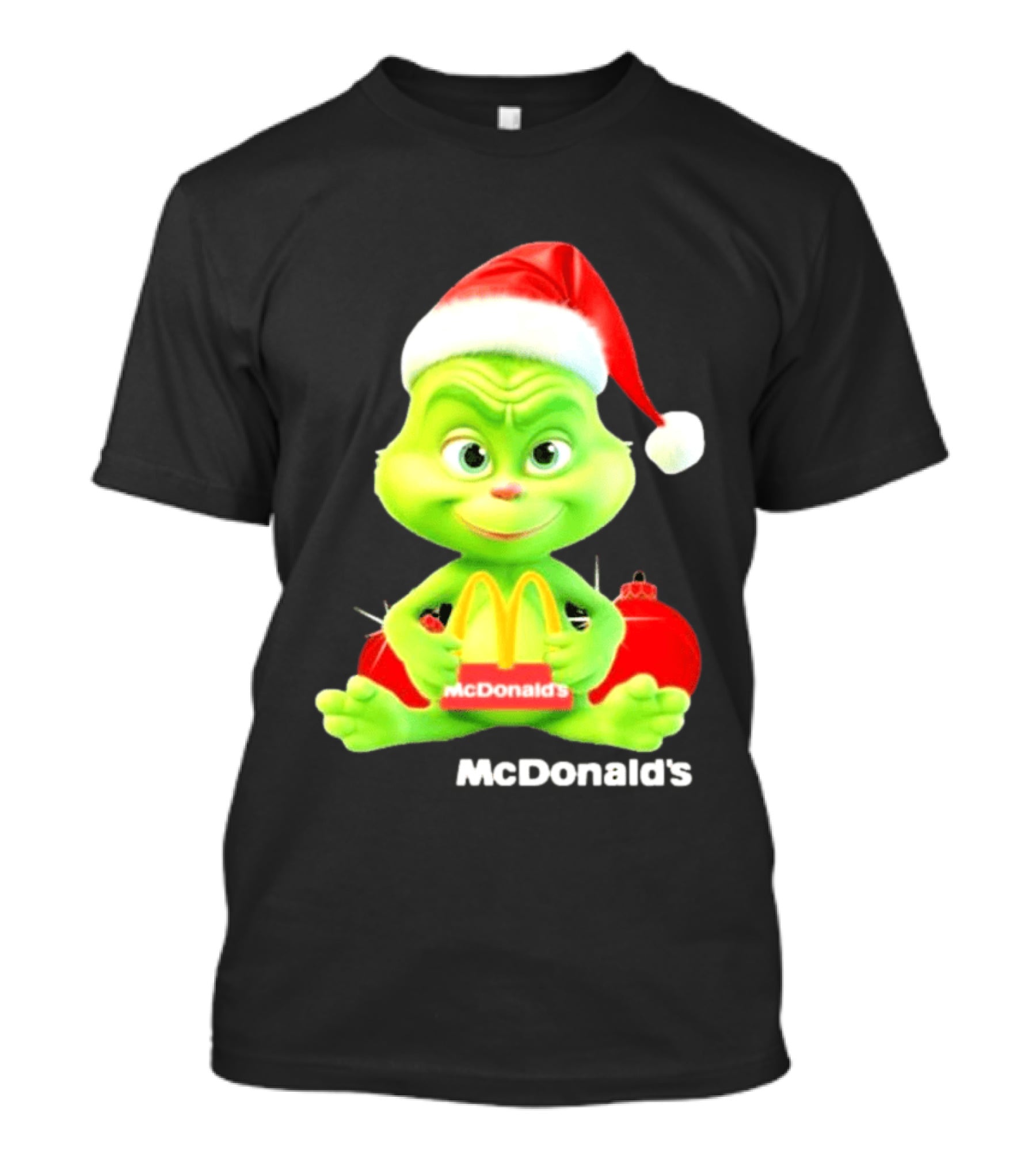 Santa Baby Grinch McDonald's Holding Happy Meal With Santa Hat And Gift Bags T-Shirt
