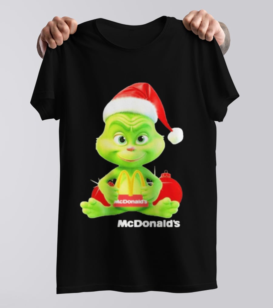 Santa Baby Grinch McDonald's Holding Happy Meal With Santa Hat And Gift Bags T-Shirt