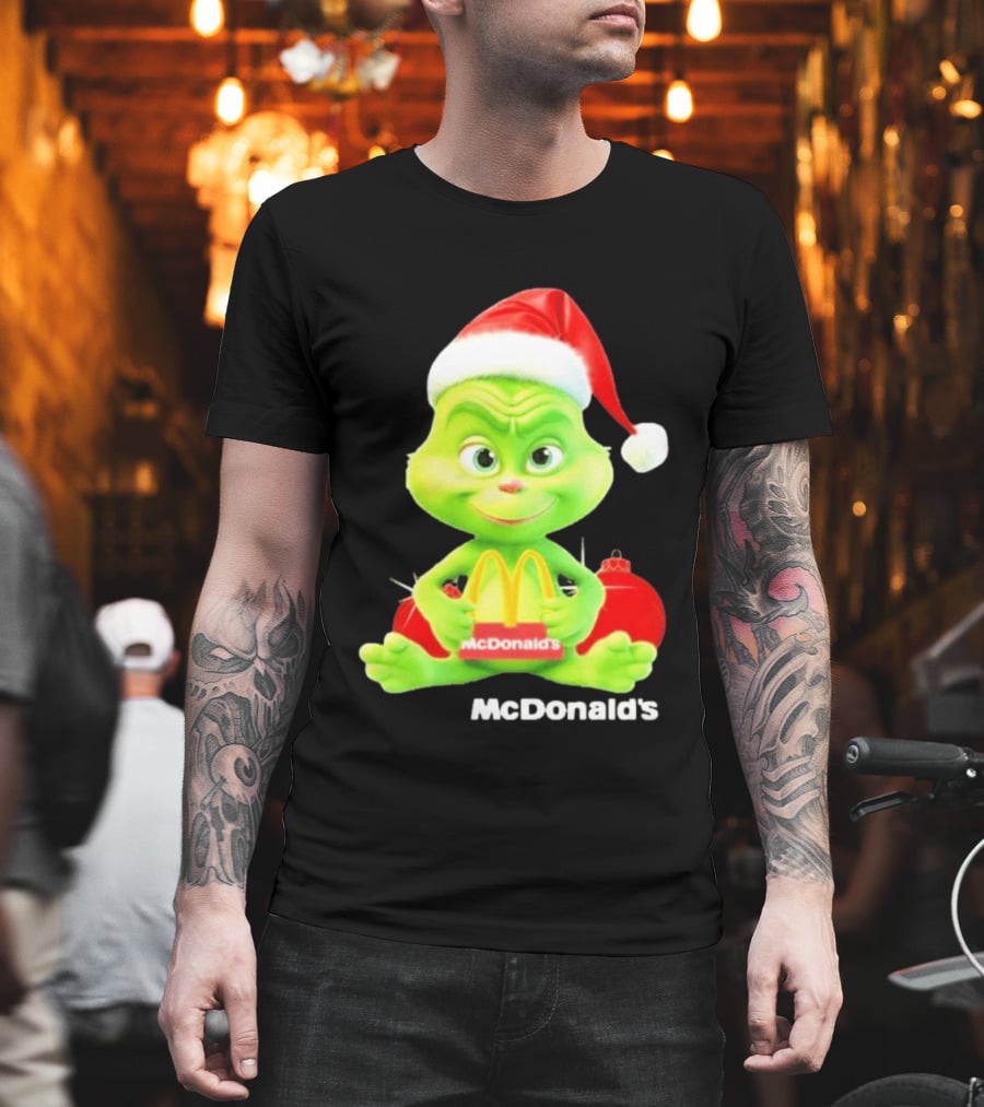 Santa Baby Grinch McDonald's Holding Happy Meal With Santa Hat And Gift Bags T-Shirt
