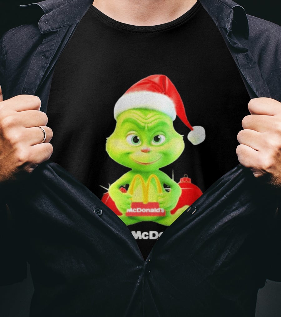 Santa Baby Grinch McDonald's Holding Happy Meal With Santa Hat And Gift Bags T-Shirt