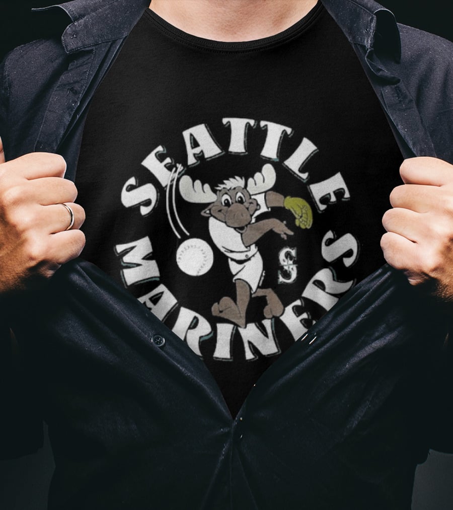 Seattle Mariners Mariner Moose Catching Ball Playful Action T-Shirt