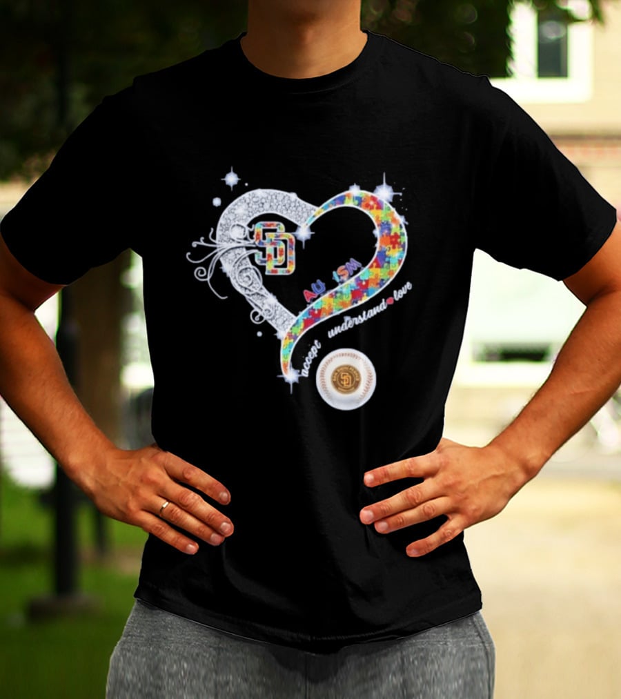 San Diego Baseball Heart Autism Accept Understand Love Puzzle T-Shirt