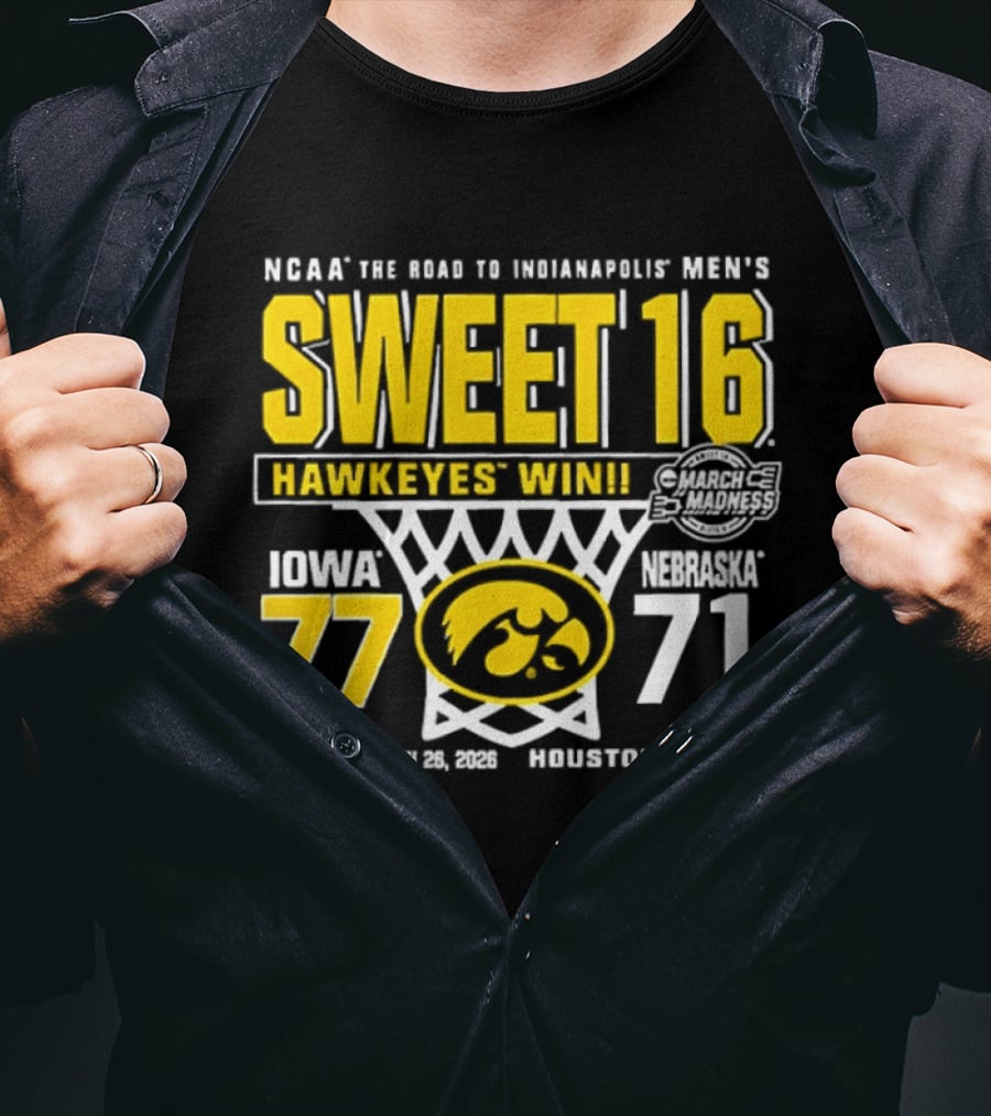 NCAA The Road To Minneapolis Men's Sweet 16 Hawkeyes Win Iowa 77 Nebraska 71 March 29 2020 Selection T-Shirt